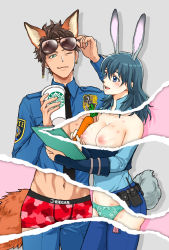 Rule 34 | 1boy, 1girl, alternate costume, animal ears, bad id, bad pixiv id, bite mark, blue eyes, boxers, breasts, byleth (female) (fire emblem), byleth (fire emblem), closed mouth, couple, dark-skinned male, dark skin, fire emblem, fire emblem: three houses, fox ears, fox tail, gloves, green eyes, hickey, highres, large breasts, male underwear, medium hair, nintendo, nipples, open mouth, panties, police, police uniform, policewoman, rabbit ears, rabbit tail, short hair, tail, tanimadayo, underwear, uniform