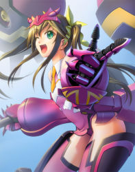Rule 34 | 10s, 1girl, bodysuit, brown hair, fang, flat chest, foreshortening, green eyes, hair ribbon, huang lingyin, infinite stratos, leotard, long hair, mecha musume, one eye closed, open mouth, pilot suit, pinakes, pinax, pointing, ribbon, shenlong, solo, twintails, very long hair, wink