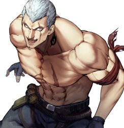 Rule 34 | 1boy, :d, abs, bad id, bad twitter id, bara, bare pectorals, belt, black gloves, black pants, bryan fury, bullet, evil smile, explosive, fingerless gloves, full body, gloves, grenade, grey eyes, grey hair, highres, houjoh (7th-heaven), looking at viewer, male focus, muscular, navel, open mouth, pants, pectorals, scar, scar across eye, scar on chest, short hair, simple background, smile, solo, tattoo, tekken, topless male, upper body, white background