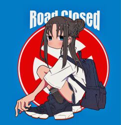 Rule 34 | 1girl, backpack, bag, blue background, blue bag, blue eyes, braid, brown hair, choppy bangs, closed mouth, dolphin shorts, dot mouth, english text, from side, full body, hair bun, half updo, highres, light blush, long hair, looking at viewer, looking to the side, nao97122, no nose, original, parted bangs, reebok, reebok pump, ribbed socks, road sign, shirt, shoes, short shorts, short sleeves, shorts, sign, single hair bun, sneakers, solo, squatting, white shirt