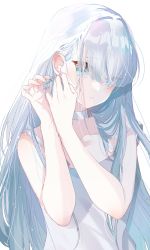Rule 34 | 1girl, bare arms, bare shoulders, blue eyes, blush, choker, collarbone, dress, earrings, hair over eyes, hands up, highres, jewelry, long hair, misumi (macaroni), original, parted lips, silver hair, simple background, sleeveless, sleeveless dress, solo, upper body, very long hair, white background, white choker, white dress