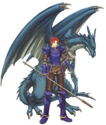 Rule 34 | 1boy, armor, armored boots, boots, dragon, fire emblem, fire emblem: the binding blade, gauntlets, gloves, highres, kaneda eiji, lance, male focus, nintendo, official art, polearm, red eyes, red hair, simple background, solo, weapon, white background, zeiss