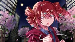 Rule 34 | 1girl, :o, ahoge, black shirt, building, buttons, cherry blossoms, city, clenched hands, collared shirt, commentary, drill hair, english commentary, falling petals, floating hair, full moon, hands up, hapaa, highres, hood, hood down, hoodie, kasane teto, looking at viewer, mixed-language commentary, moon, night, open clothes, open hoodie, open mouth, outdoors, petals, portrait, red eyes, red hair, red hoodie, shirt, solo, sweatdrop, tree, twin drills, utau