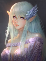 Rule 34 | 1girl, aqua hair, warrior of light (ff14), bare shoulders, breasts, chaosringen, cleavage, closed mouth, commission, elezen, elf, final fantasy, final fantasy xiv, grey background, hair ornament, highres, lips, long hair, looking at viewer, medium breasts, off shoulder, pointy ears, portrait, purple eyes, scar, simple background, solo, upper body