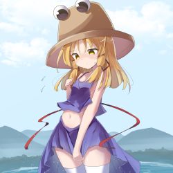 Rule 34 | 1girl, blonde hair, blue sky, blush, brown hat, camisole, closed mouth, cloud, commentary request, day, flying sweatdrops, hair between eyes, hair ribbon, hand up, hat, highres, long hair, moriya suwako, mountain, nose blush, outdoors, pleated skirt, purple camisole, purple skirt, red ribbon, ribbon, ryogo, skirt, sky, solo, sweat, thighhighs, touhou, water, white thighhighs, yellow eyes