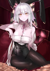 Rule 34 | 1girl, absurdres, aegyo sal, ahoge, alternate costume, animal ears, bare shoulders, black leotard, black pantyhose, blurry, blurry background, blurry foreground, breasts, cleavage, collarbone, detached collar, fake animal ears, fate/grand order, fate (series), grey hair, hand up, highres, jeanne d&#039;arc alter (fate), large breasts, leotard, long hair, looking at viewer, neck ribbon, orange hair, pantyhose, playboy bunny, rabbit ears, red nails, red ribbon, ri o ne su, ribbon, sitting, slit pupils, solo, very long hair