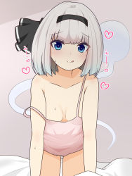 Rule 34 | 1girl, :q, all fours, black hairband, blue eyes, breasts, closed mouth, finaltakenoko, ghost, grey hair, hairband, heart, heart-shaped pupils, highres, konpaku youmu, konpaku youmu (ghost), looking at viewer, naughty face, nightgown, on bed, short hair, small breasts, smile, solo, symbol-shaped pupils, tongue, tongue out, touhou