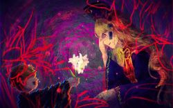 Rule 34 | 1boy, 1girl, black dress, black shirt, blonde hair, bofeng, commentary, crying, distortion, dress, flower, from side, glitch, hand on own face, highres, holding, holding flower, junko (touhou), junko day, lily (flower), long hair, long sleeves, looking at another, mother and son, neck ribbon, no eyes, open mouth, phoenix crown, profile, red eyes, red tabard, ribbon, shee take, shirt, short hair, spiral, tabard, touhou, upper body, wide sleeves, yellow ribbon
