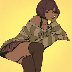Rule 34 | 1girl, bare shoulders, beads, bob cut, brown hair, contrast, crossed legs, head rest, ilya kuvshinov, jewelry, lips, long sleeves, looking at viewer, necklace, off shoulder, original, pleated skirt, short hair, simple background, skirt, solo, thighhighs, yellow background