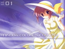 Rule 34 | 1girl, bare shoulders, bow, dress, hat, hat bow, leaning forward, looking at viewer, nanao naru, pink hair, purple eyes, ribbon, short hair, solo, sun hat, sundress, tareme, wallpaper, white hat, yellow bow, yellow dress, zoom layer