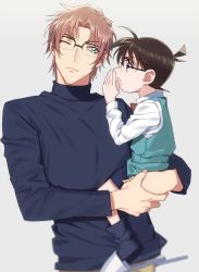 Rule 34 | 2boys, black-framed eyewear, black legwear, black shirt, black shorts, blue eyes, blue vest, blurry, bow, bowtie, brown hair, carrying, child, closed mouth, collared shirt, commentary request, depth of field, edogawa conan, glasses, green eyes, grey legwear, hand up, highres, k (gear labo), light brown hair, long sleeves, looking at another, looking to the side, male focus, meitantei conan, multiple boys, okiya subaru, one eye closed, open mouth, red bow, red neckwear, shirt, shoe dangle, short hair, shorts, slippers, smile, socks, turtleneck, upper body, vest, white shirt