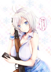 Rule 34 | .live, 1girl, antenna hair, arino hiroshi, bare shoulders, between breasts, blue eyes, blush, breasts, cleavage, closed mouth, collarbone, collared shirt, frills, gun, heart, highres, holding, holding gun, holding weapon, hugging object, large breasts, shirt, short hair, dennou shoujo siro, smile, snowflakes, solo, speech bubble, upper body, virtual youtuber, weapon, white hair, white shirt, wing collar, wrist cuffs