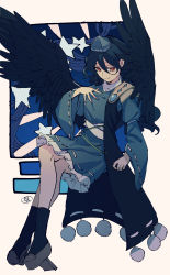 Rule 34 | 1girl, absurdres, belt, black coat, black socks, black wings, blue hair, blue hat, blue shirt, blue skirt, closed mouth, coat, commentary, feathered wings, full body, gem, geta, hand on own chest, hand up, hat, highres, iizunamaru megumu, long sleeves, looking at viewer, medium hair, oito (bowstringsmall), pom pom (clothes), red eyes, ribbon-trimmed skirt, ribbon-trimmed sleeves, ribbon trim, shirt, shoulder guard, signature, skirt, skirt set, sleeveless, sleeveless coat, smirk, socks, solo, star (symbol), tengu-geta, tokin hat, touhou, wavy hair, white belt, wide sleeves, wings