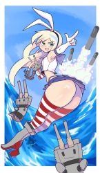 Rule 34 | 1girl, ass, blonde hair, blush, boots, border, breasts, crop top, elbow gloves, full body, gloves, green eyes, hair ribbon, hairband, high heel boots, high heels, highres, huge ass, joeydrawss, kantai collection, legs, long hair, midriff, miniskirt, open mouth, pleated skirt, pointing, ribbon, shimakaze (kancolle), skirt, small breasts, smile, striped clothes, striped thighhighs, thick thighs, thighhighs, thighs, water, white border, white gloves
