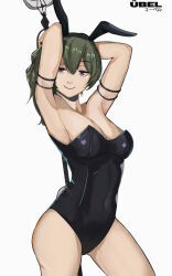 Rule 34 | 1girl, animal ears, armpits, arms behind head, arms up, black leotard, breasts, cleavage, fake animal ears, green hair, large breasts, leotard, playboy bunny, rabbit ears, seductive smile, smile, sousou no frieren, ubel (sousou no frieren)