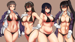Rule 34 | 10s, 4girls, ashigara (kancolle), bad id, bad pixiv id, belly, bikini, black hair, blush, breasts, brown background, brown eyes, brown hair, cleavage, curvy, eyebrows, gloves, haguro (kancolle), hairband, hand on own hip, highres, jacket, kantai collection, large breasts, lineup, long hair, looking at viewer, meicha, multiple girls, myoukou (kancolle), nachi (kancolle), navel, open clothes, open mouth, plump, short hair, side ponytail, simple background, smile, standing, swimsuit, thick thighs, thighs, very long hair, white gloves, wide hips