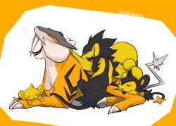 Rule 34 | alternate color, creatures (company), drooling, evolutionary line, closed eyes, game freak, gen 2 pokemon, gen 4 pokemon, legendary pokemon, luxio, luxray, nintendo, no humans, ohhhhhhtsu, open mouth, pokemon, pokemon (creature), raikou, shinx, shiny pokemon, sleeping, tongue, tongue out, tusks, twitter username, yawning