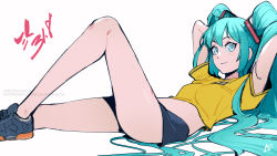 Rule 34 | aqua hair, arms behind head, aurahack, bare legs, black footwear, blue eyes, blush, breasts, commentary, crop top, dated, english commentary, hair ornament, hatsune miku, highres, leg up, long hair, lying, on back, petite, shirt, shoes, shorts, small breasts, smile, sneakers, solo, t-shirt, twintails, very long hair, vocaloid, yellow shirt
