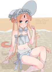 Rule 34 | 1girl, abigail williams (fate), abigail williams (swimsuit foreigner) (fate), abigail williams (swimsuit foreigner) (third ascension) (fate), bare arms, bare legs, bare shoulders, barefoot, bikini, blonde hair, blue eyes, blush, bonnet, bow, braid, braided hair rings, character name, collarbone, commentary request, fate/grand order, fate (series), hair bow, hair rings, hand up, keyhole, kopaka (karda nui), long hair, looking at viewer, navel, parted bangs, parted lips, partially submerged, sidelocks, sitting, solo, strapless, strapless bikini, striped, striped bow, swimsuit, twin braids, very long hair, water, white bikini, white bow, white headwear