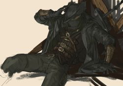 Rule 34 | 1boy, belt, bloodborne, cloak, coat, collared coat, commentary request, covered mouth, gloves, greatsword, hat, highres, hunter (bloodborne), kikujira, male focus, mask, mouth mask, short hair, sitting, solo, sword, sword behind back, tricorne, weapon, white background