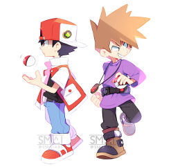 Rule 34 | 2boys, backwards hat, belt, black hair, blue oak, boots, brown hair, chibi, clenched hand, creatures (company), denim, game freak, gen 1 pokemon, grin, hat, highres, jacket, jeans, jewelry, male focus, multiple boys, nintendo, open clothes, open jacket, pants, pendant, poke ball, poke ball (basic), pokemon, pokemon rgby, purple sweater, red (pokemon), sami briggs, shoes, short hair, smile, sneakers, spiked hair, sweater, white background