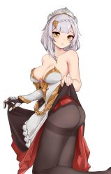 Rule 34 | 1girl, artist request, ass, bare shoulders, black pantyhose, breasts, clothes lift, dress, dress lift, gauntlets, genshin impact, headdress, highres, kneeling, large breasts, long hair, looking at viewer, maid, maid headdress, noelle (genshin impact), open mouth, pantyhose, silver hair, single gauntlet, solo, white background, yellow eyes