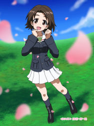 Rule 34 | 1girl, :d, artist name, black footwear, black socks, blue jacket, blue sky, blurry, blurry foreground, boots, brown eyes, brown hair, clenched hands, cloud, cloudy sky, commentary request, dated, full body, girls und panzer, grass, green shirt, highres, horizon, jacket, long sleeves, looking at viewer, military, military uniform, miniskirt, naotosi, one eye closed, ooarai military uniform, open mouth, parted bangs, petals, pleated skirt, sawa azusa, shadow, shirt, short hair, skirt, sky, smile, socks, solo, standing, uniform, white skirt, wind, zipper