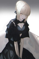 Rule 34 | 1girl, artoria pendragon (all), artoria pendragon (fate), bad id, bad pixiv id, between legs, black bow, black dress, bow, braid, braided bun, breasts, cleavage, dress, fate/stay night, fate (series), gradient background, grey background, hair between eyes, hair bow, hair bun, hand between legs, harukaze (rori 0826), highres, medium breasts, open mouth, saber alter, short hair, short sleeves, silver hair, solo, white background, yellow eyes