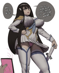 Rule 34 | 1boy, 1girl, black hair, blue eyes, boots, breasts, cameltoe, cleft of venus, covered erect nipples, dress, english text, epaulettes, highres, holding, holding phone, hypnosis, kill la kill, kiryuuin satsuki, large breasts, long hair, long sleeves, looking at viewer, looking down, mind control, open mouth, panties, pendulum, phone, pink panties, simple background, speech bubble, thick eyebrows, thigh boots, thighhighs, underwear, white background, white dress, white thighhighs, wjs07