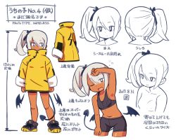 Rule 34 | 1girl, bike shorts, breasts, character sheet, dark skin, dark-skinned female, dated, demon tail, demon wings, female focus, high collar, mawaru (mawaru), navel, one eye closed, original, partially colored, side ponytail, small breasts, solo, tail, topless, white hair, wings
