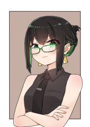 Rule 34 | 1girl, allmind (armored core 6), armored core, armored core 6, bare shoulders, black hair, black necktie, blush, border, breasts, brown background, character logo, colored inner hair, commentary request, crossed arms, earrings, glasses, green-framed eyewear, green eyes, green hair, grey shirt, highres, i.u.y, jewelry, looking at viewer, mole, mole under eye, multicolored hair, necktie, office lady, outside border, personification, shirt, short hair, sidelocks, sleeveless, sleeveless shirt, small breasts, solo, triangle earrings, updo, white border