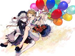 Rule 34 | 2girls, abigail williams (fate), balloon, bloomers, bow, butterfly hair ornament, colored skin, dress, fate/grand order, fate (series), grey hair, grey skin, hair ornament, lavinia whateley (fate), long hair, maid, mary janes, multiple girls, nozaki tsubata, orange bow, parted bangs, red eyes, shoes, sleeves past fingers, sleeves past wrists, stuffed animal, stuffed toy, teddy bear, underwear