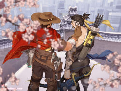 Rule 34 | 2boys, bad id, bad twitter id, beard, black hair, bow (weapon), brown hair, cassidy (overwatch), commentary, cowboy hat, facial hair, gloves, hanzo (overwatch), hat, holding, japanese clothes, long hair, male focus, multiple boys, overwatch, overwatch 1, ponytail, strawberry napa, tattoo, weapon