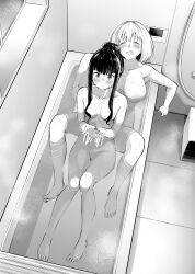 Rule 34 | 2girls, absurdres, bathroom, bathtub, black hair, blonde hair, blush, breasts, closed eyes, completely nude, from above, greyscale, hair bun, highres, inoue takina, kitaku (nakamachi machi), knees together feet apart, leaning back, lycoris recoil, monochrome, multiple girls, nishikigi chisato, nude, open mouth, partially submerged, same-sex bathing, shared bathing, sidelocks, sitting, small breasts, water, wet