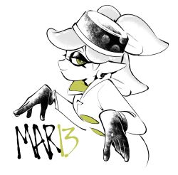 Rule 34 | 1girl, black gloves, character name, cheesecakes by lynx, closed mouth, coat, eyelashes, from side, gloves, inkling, looking at viewer, marie (splatoon), nintendo, partially colored, pointy ears, smile, solo, splatoon (series), splatoon 3, tentacle hair, white background, white coat, yellow eyes