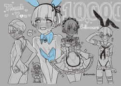 Rule 34 | 1boy, animal ears, apron, bare shoulders, belly, black panties, blonde hair, blue suit, blush, bulge, closed eyes, cosplay, detached collar, formal, from side, grey background, hand up, hat, heart, leotard, looking at viewer, maid, maid apron, maid headdress, male focus, midriff, miniskirt, monochrome, mubo, multiple views, one-piece swimsuit, open mouth, original, own hands together, panties, playboy bunny, pleated skirt, rabbit ears, rensouhou-chan, rensouhou-chan (cosplay), ribbon, sailor hat, school swimsuit, shorts, skirt, smile, striped clothes, striped thighhighs, suit, sweatdrop, swim cap, swimsuit, thank you, thighhighs, trap, twitter username, underwear