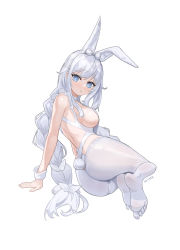 Rule 34 | absurdres, animal ear fluff, animal ears, arm support, ass, azur lane, bare shoulders, blue eyes, breasts, bright pupils, cross-shaped pupils, fake animal ears, fake tail, frills, grey hair, grey thighhighs, highres, le malin (azur lane), le malin (listless lapin) (azur lane), long hair, looking at viewer, looking back, lying, no shoes, oh kyoung hwan, on side, pantyhose, parted lips, ponytail, rabbit ears, rabbit tail, shiny skin, sideboob, signature, simple background, symbol-shaped pupils, tail, thigh strap, thighhighs, very long hair, white background, white pupils
