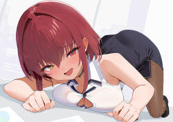 1girl absurdres bare_arms black_shoes black_skirt bob_cut breasts cleavage collared_shirt commentary_request fallen_down fanged_bangs full_body hair_between_eyes heterochromia high-waist_skirt highres hololive houshou_marine houshou_marine_(businesswoman) large_breasts looking_at_viewer miniskirt official_alternate_costume official_alternate_hairstyle open_mouth pantyhose pencil_skirt red_eyes red_hair shirt shoes short_hair side_slit skirt sleeveless sleeveless_shirt solo top-down_bottom-up virtual_youtuber white_shirt yellow_eyes yuzuyukiha