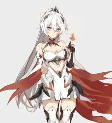 Rule 34 | 1girl, ahoge, armor, armored dress, blue eyes, boots, breasts, cape, circlet, cleavage, earrings, ezsesp, fire, gauntlets, grey background, hair ornament, highres, honkai (series), honkai impact 3rd, jewelry, kiana kaslana, kiana kaslana (herrscher of flamescion), long hair, looking at viewer, medium breasts, ponytail, red cape, simple background, solo, thigh boots, torn cape, torn clothes, very long hair, white hair