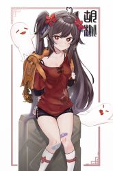 Rule 34 | 1girl, absurdres, ahoge, alternate costume, backpack, bag, bandaid, bandaid on knee, bandaid on leg, black hair, boo tao (genshin impact), casual, collarbone, commentary request, contemporary, flower, genshin impact, ghost, hair between eyes, hair flower, hair ornament, highres, hu tao (genshin impact), long hair, looking at viewer, red eyes, ringofuze, short shorts, short sleeves, shorts, sidelocks, simple background, sitting, smile, solo, spaghetti strap, suitcase, symbol-shaped pupils, translation request, twintails