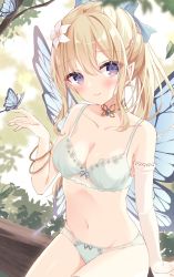 Rule 34 | 1girl, bangle, bare shoulders, blonde hair, blue bow, blush, bow, bow bra, bow panties, bra, bracelet, branch, breasts, butterfly wings, cleavage, closed mouth, collarbone, commentary request, elbow gloves, fairy, flower, gloves, groin, hair between eyes, hair bow, hair flower, hair ornament, hand up, highres, hoshi (snacherubi), in tree, insect wings, jewelry, long hair, looking at viewer, medium breasts, navel, original, panties, ponytail, purple eyes, single glove, sitting, smile, solo, tree, underwear, underwear only, white bra, white flower, white gloves, white panties, wings