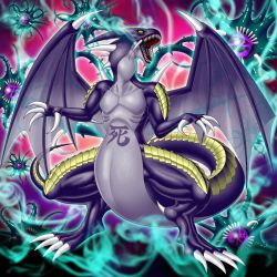Rule 34 | aura, claws, doom virus dragon, dragon, dragon tail, dragon wings, duel monster, fangs, full body, kanji, looking at viewer, malganis-lefay, no humans, open mouth, scales, sharp teeth, spikes, tail, teeth, the fang of critias, wings, yu-gi-oh!