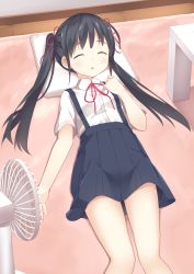 Rule 34 | 1girl, :o, bad id, bad pixiv id, black hair, blue skirt, blush, closed eyes, collared shirt, commentary request, electric fan, hair ribbon, highres, long hair, lying, neck ribbon, on back, on floor, original, parted lips, pillow, pleated skirt, red ribbon, ribbon, rug, school uniform, shirt, short sleeves, skirt, sleeping, solo, suspender skirt, suspenders, table, twintails, usagino suzu, white shirt, wooden floor