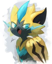 Rule 34 | 1other, :3, animal ears, animal nose, artist name, black fur, blue eyes, blue fur, body fur, border, cat ears, clenched hand, creatures (company), fangs, furry, game freak, gen 7 pokemon, grey background, hand up, happy, highres, ikei, legendary pokemon, lightning bolt symbol, looking at viewer, multicolored fur, mythical pokemon, neck fur, nintendo, open mouth, other focus, pokemon, pokemon (creature), signature, simple background, smile, solo, upper body, whiskers, white border, yellow fur, zeraora