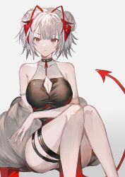 Rule 34 | 1girl, antennae, arknights, bad id, bad pixiv id, bare shoulders, breasts, cleavage, cleavage cutout, closed mouth, clothing cutout, commentary request, double bun, dress, feather boa, feet out of frame, frown, grey background, greyscale, hair bun, highres, invisible chair, looking at viewer, medium breasts, monochrome, red eyes, roji (roji xx), short hair, simple background, sitting, sleeveless, sleeveless dress, solo, tail, thigh strap, w (arknights)