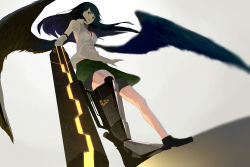 Rule 34 | 1girl, akimikan (2.5deciliter), arm cannon, asymmetrical footwear, bare shoulders, black footwear, black hair, black shorts, black wings, breasts, cleavage, dutch angle, floating hair, from below, full body, green skirt, highres, long hair, looking at viewer, looking down, mismatched footwear, red eyes, reiuji utsuho, shirt, shoes, shorts, shorts under skirt, skirt, sleeveless, smile, solo, standing, touhou, weapon, white shirt, wings