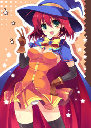 Rule 34 | 1girl, alice wishheart, bad id, bad pixiv id, bow, cape, capelet, earrings, fang, green eyes, hat, jewelry, magical halloween, orange skirt, panties, pantyshot, red hair, skirt, star (symbol), star earrings, thighhighs, underwear, upskirt, v, witch, witch hat, yukiwo