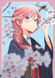Rule 34 | 1girl, asymmetrical hair, blue background, blue eyes, blue kimono, blurry, blurry background, blush, border, bow, cherry blossoms, closed mouth, collared shirt, depth of field, hair between eyes, hair over shoulder, hair wings, hand up, highres, holding, hololive, japanese clothes, kimono, long sleeves, looking at viewer, obi, official alternate costume, outdoors, pink border, pink hair, red bow, red ribbon, ribbon, sash, shadow, shirt, smile, solo, swept bangs, taachika, takane lui, takane lui (new year), upper body, virtual youtuber, wide sleeves