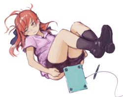 Rule 34 | 1girl, bad id, bad twitter id, bike shorts, bike shorts pull, black footwear, closed mouth, cumox5, drawing tablet, embarrassed, female focus, highres, long hair, looking away, original, pulled by self, red hair, shoes, simple background, socks, solo, white background