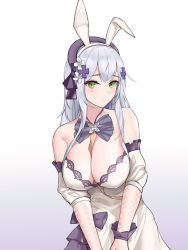 Rule 34 | 1girl, animal ears, bare shoulders, blue hair, bow, bowtie, breasts, cleavage, closed mouth, dress, expressionless, fake animal ears, feet out of frame, fishnet sleeves, fishnets, girls&#039; frontline, green eyes, hair between eyes, hair ornament, hair ribbon, hairclip, highres, hk416 (girls&#039; frontline), hk416 (herbal-flavored hard candy) (girls&#039; frontline), jin mu mulin, large breasts, long hair, looking at viewer, official alternate costume, purple bow, purple bowtie, rabbit ears, ribbon, simple background, solo, standing, teardrop facial mark, teardrop tattoo, upper body, white background, white dress